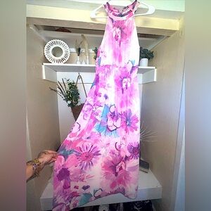 Onetheland Large Halter Fit Flow Pink Floral Sleeveless Dress Elegant Maxi